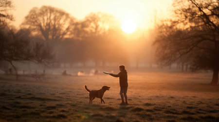 Playing fetch with a dog during sunset in a tranquil park settingの素材