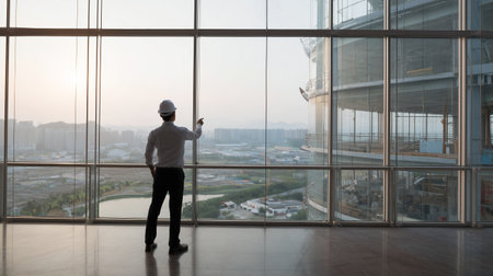 Construction manager observing building progress from high-rise site during sunsetの素材