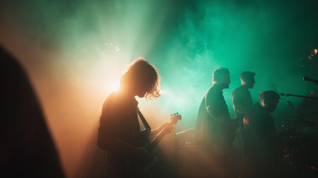 Musicians perform on stage during an evening concert with colorful lightingの素材