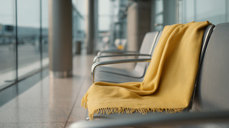 Warm blanket draped over a chair in a modern airport terminalの素材