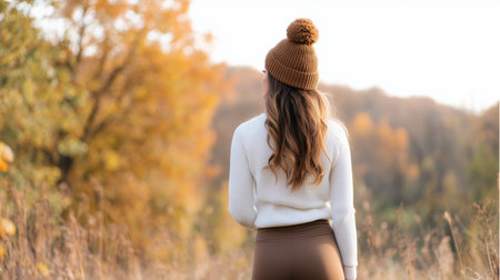 Woman walks through a fall landscape with yellow and orange trees in the backgroundの素材