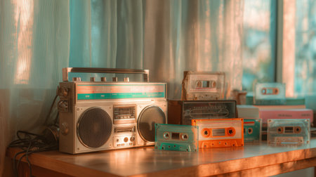 Vintage cassette player and colorful tapes on a wooden table in soft afternoon lightの素材