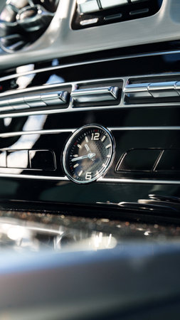Car dashboard with a stylish clock showing time in a luxury vehicle interior