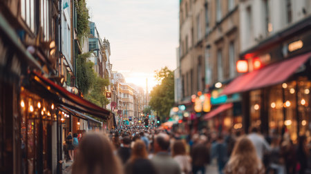 Busy street in the city during sunset filled with people and lively shopsの素材