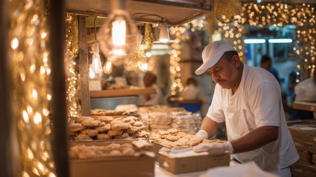 Baker preparing fresh pastries under warm lights at a market in the eveningの素材