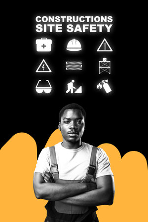 Construction worker promoting safety protocols at a construction site in bright colorsの写真素材