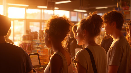 Group of friends waiting in line at a store during sunsetの素材