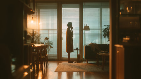 Woman in cozy interior reflects while silhouetted against a sunset windowの素材