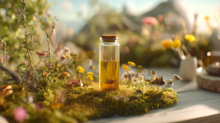 Natural oil in glass bottle surrounded by vibrant flowers in a sunny outdoor settingの素材
