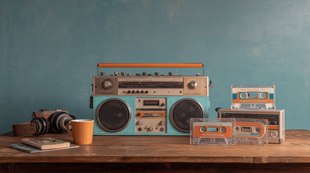 Vintage audio equipment displayed on a wooden table with cassettes and a coffee cupの素材