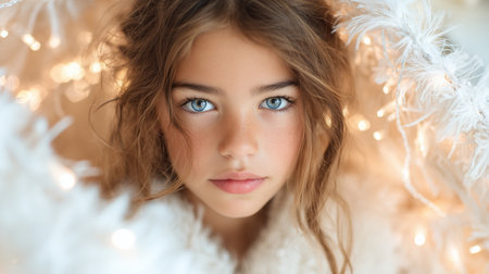Young girl with bright blue eyes surrounded by white decorations and lightsの素材