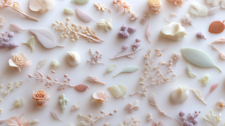 Colorful collection of fondant flowers and leaves arranged on a white background for cake decorationの素材