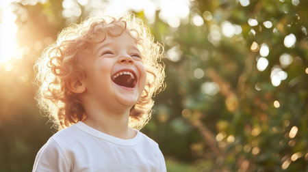 Child joyfully laughing in a sunlit garden during late afternoonの素材
