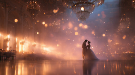 Couple dances romantically under chandeliers in a majestic ballroom at their wedding celebrationの素材