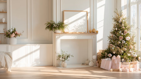 Cozy living room decorated for Christmas with a tree and gifts in soft lightの素材