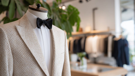 Elegant tuxedo display in a stylish boutique during a sunny afternoonの素材