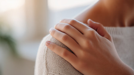Gentle touch on shoulder conveys warmth and support in a cozy indoor settingの素材