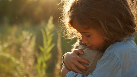 Child embracing a stuffed animal in a sunny field during golden hourの素材