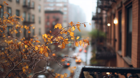 Autumn leaves contrast with city streets in a rainy urban landscapeの素材
