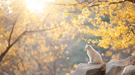 White cat resting on a rock surrounded by golden autumn leaves in natureの素材