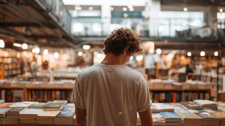 Young person explores books in a cozy bookstore during a relaxed afternoonの素材