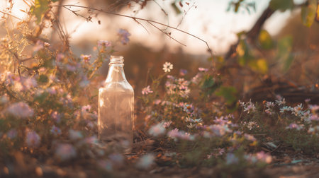 Glass bottle resting among wildflowers during golden hour light in natureの素材