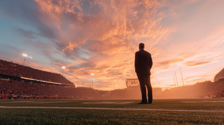 Sunset over a football stadium with a figure in a suit standing on the fieldの素材