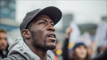 Crowd gathers in protest, man expresses passion and determination under cloudy skyの素材