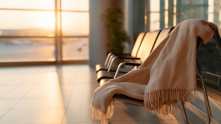 Warm blanket draped over empty airport seating during sunset hoursの素材
