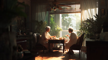 Seniors enjoying tea together in a warm, sunlit room with plants and cozy decorの素材
