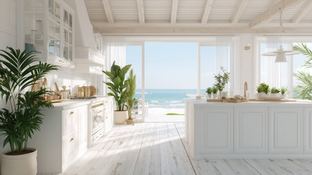 Bright coastal kitchen with ocean view and open layout during daylight hoursの素材