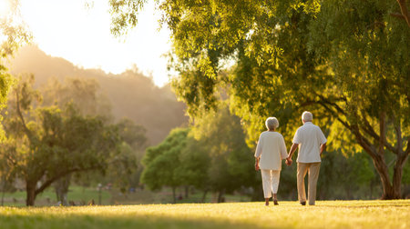 Elderly couple enjoys a peaceful walk in a sunny park at sunsetの素材