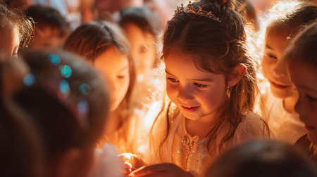 Young girls celebrating and enjoying a joyful moment together at a special eventの素材