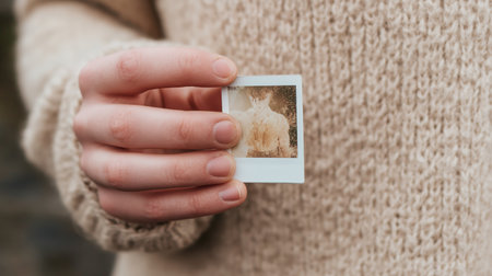 Holding a vintage polaroid picture on a cozy autumn day in the countrysideの素材