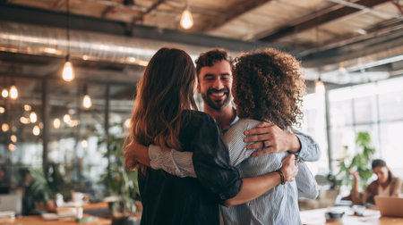 Friends celebrating a joyful moment together in a bright office spaceの素材