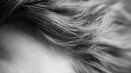 Close-up view of textured hair showing intricate details in black and whiteの素材