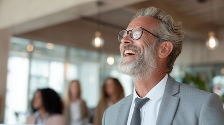 Elderly man smiles joyfully while attending a business event in a modern office settingの素材
