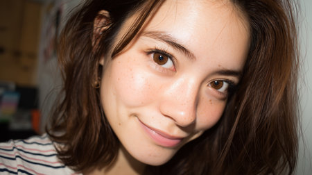 Capturing a joyful moment indoors with natural light and a warm smileの素材