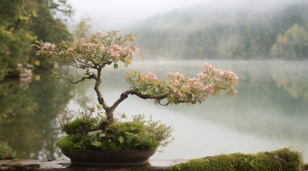 Bonsai tree with pink blossoms near a tranquil lake in early morning lightの素材