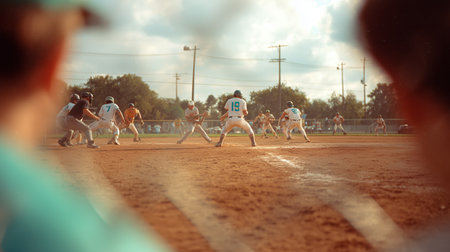 Exciting youth baseball game during a sunny afternoon in the local parkの素材