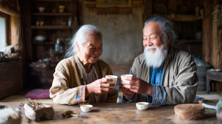 Elderly couple shares tea in a rustic home during a quiet afternoonの素材