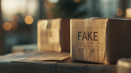 Unmarked boxes labeled as fake in an open warehouse at sunsetの素材