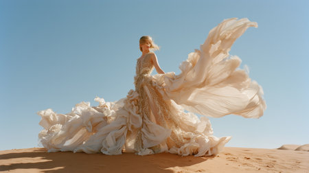 Fashion model poses in billowing dress on sand dune under bright skyの素材