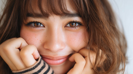 Young woman smiling warmly while resting her chin on her hands indoorsの素材