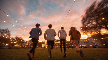 Group of friends running towards sunset under string lights at outdoor eventの素材