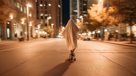 Skateboarding figure draped in white sheet rides through city streets at nightの素材