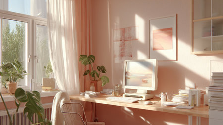 Bright and cozy workspace with plants and warm sunlight in a minimal home officeの素材