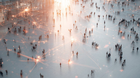 Crowd gathering at a busy city square during evening hours with lights and movementの素材