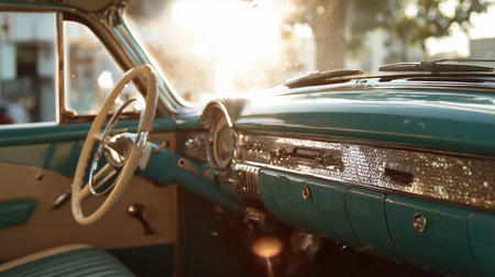 Classic car interior with a vintage design and soft evening lightの素材