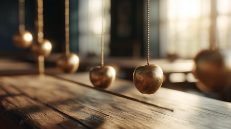 Golden pendulums sway gently in a sunlit room filled with wooden tablesの素材